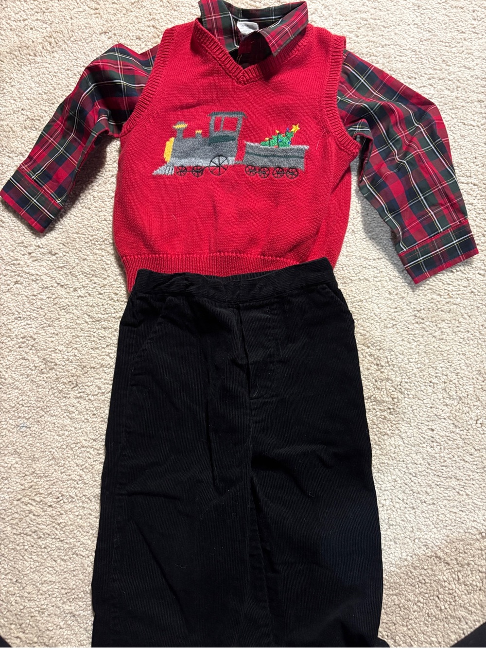 Starting Out Red Train Sweater Vest with Plaid Shirt and Black Pants